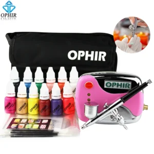 OPHIR 0.3mm Airbrush Cake Decorating Kit with Compressor, Stencils, Bag & Cleaning Brushes – Professional Baking & Pastry Tool